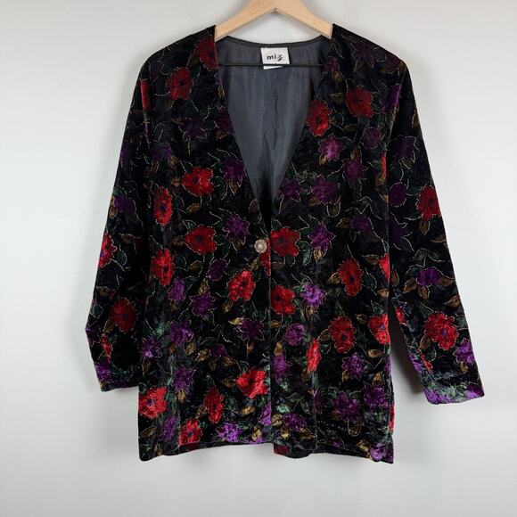 Vtg Miz Jacket Women's Large Multi Floral Velvet One Button Front Maximalist - Picture 1 of 9
